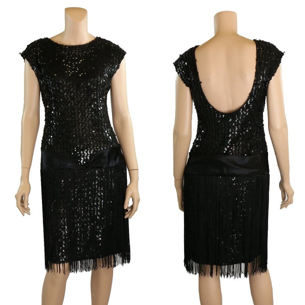 GlenRob Vintage 80s Black Sequin Fringe Sexy Prom Party Dress size 9-10